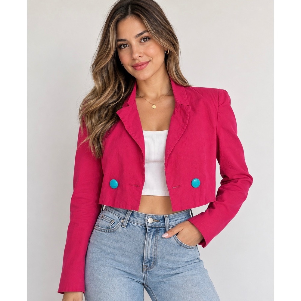 Zara Pink Cropped Blazer Jacket Turquoise Buttons Fuchsia XS